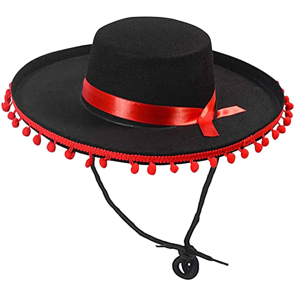 Sombrero Cordobés con Madroños y Cinta Roja - Gorro de Fieltro Ajustable para Niños y Adultos - Disfraz Tradicional
