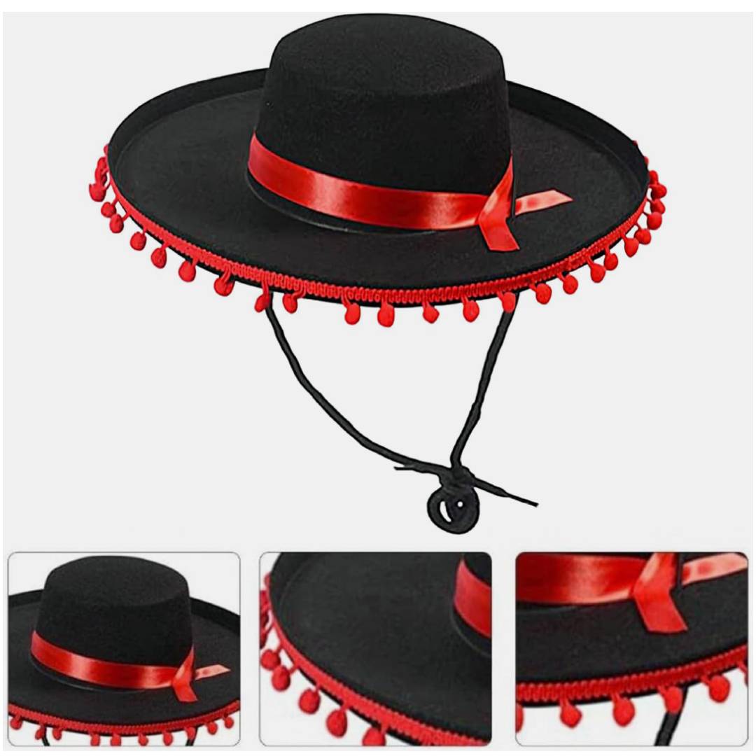 Sombrero Cordobés con Madroños y Cinta Roja - Gorro de Fieltro Ajustable para Niños y Adultos - Disfraz Tradicional