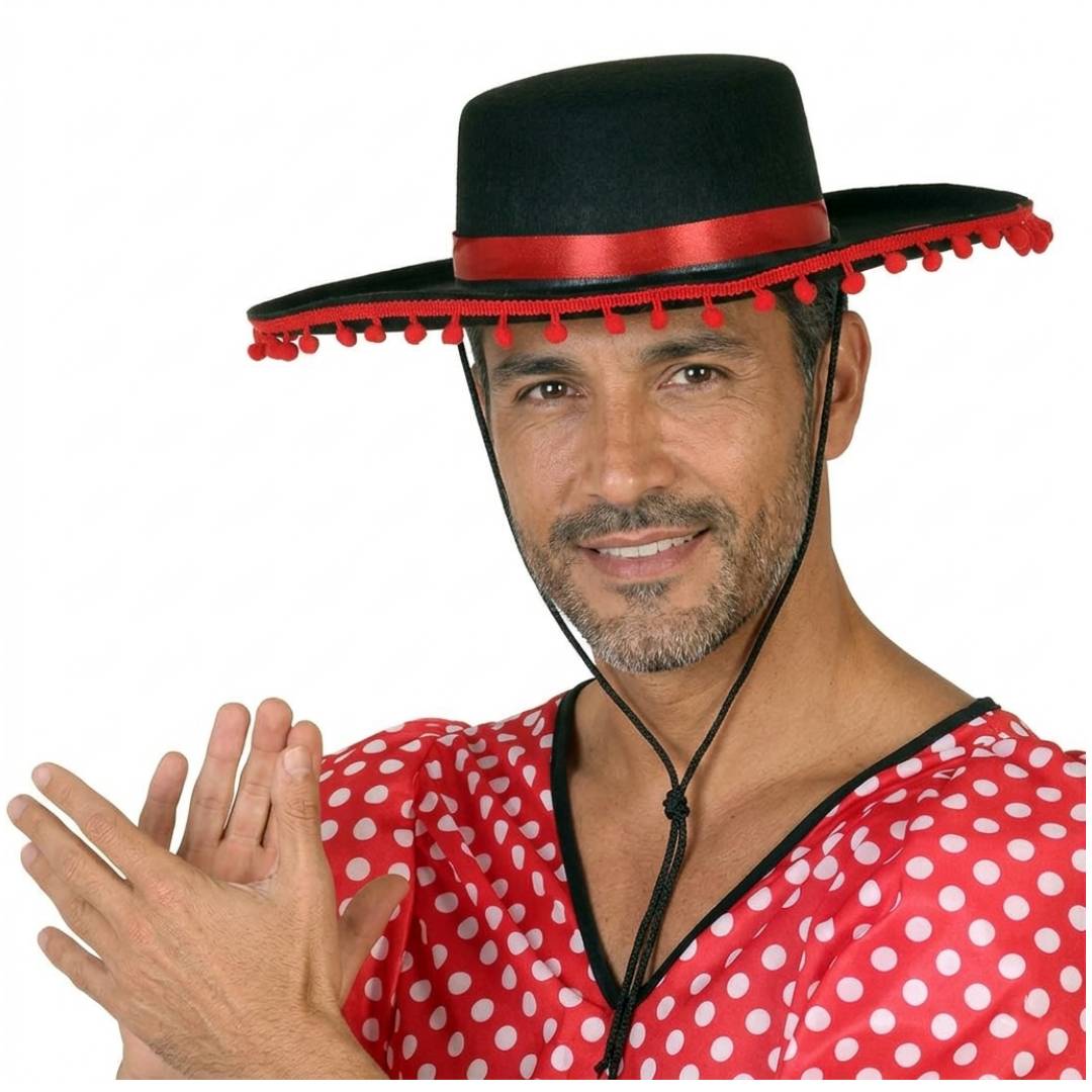 Sombrero Cordobés con Madroños y Cinta Roja - Gorro de Fieltro Ajustable para Niños y Adultos - Disfraz Tradicional