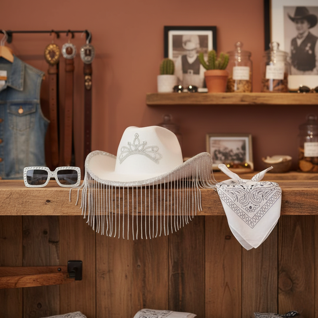 Pack Disfraz Vaquera Blanca Premium: Sombrero Cowgirl con Flecos y Corona, Gafas de Sol Retro con Strass y Bandana Paisley - Kit Completo Talla Única para Adulto - Ideal Carnaval, Festivales, Despedidas y Eventos de Fantasía