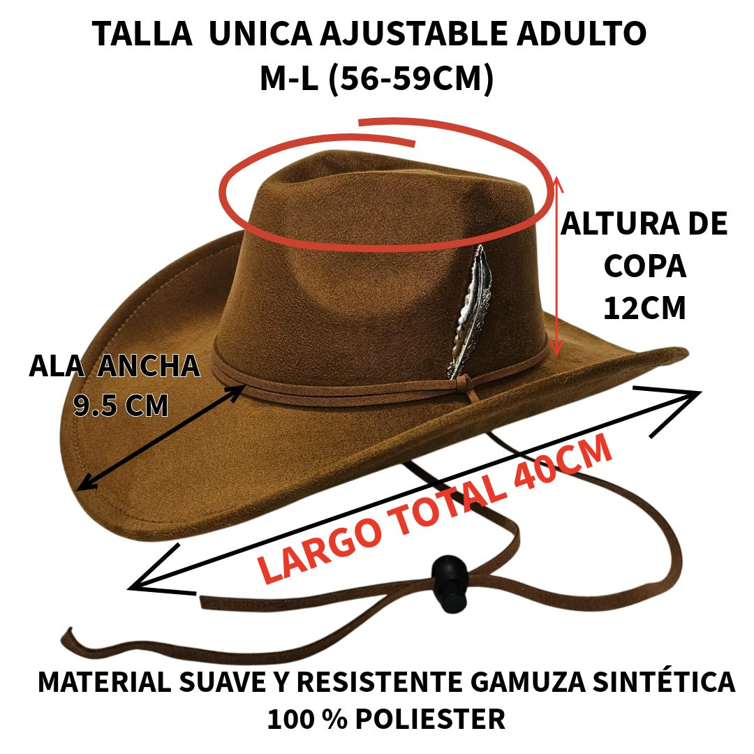 Sombrero Cowboy Adulto Hombre y Mujer - Sombrero Vaquero Ajustable (56-59cm) Gamuza Sintética Premium | Alternativa Resistente a Sombreros de Paja y Papel Trenzado - Ala Ancha 9.5cm, Estilo Western con Pluma de Plata Detalle Decorativo