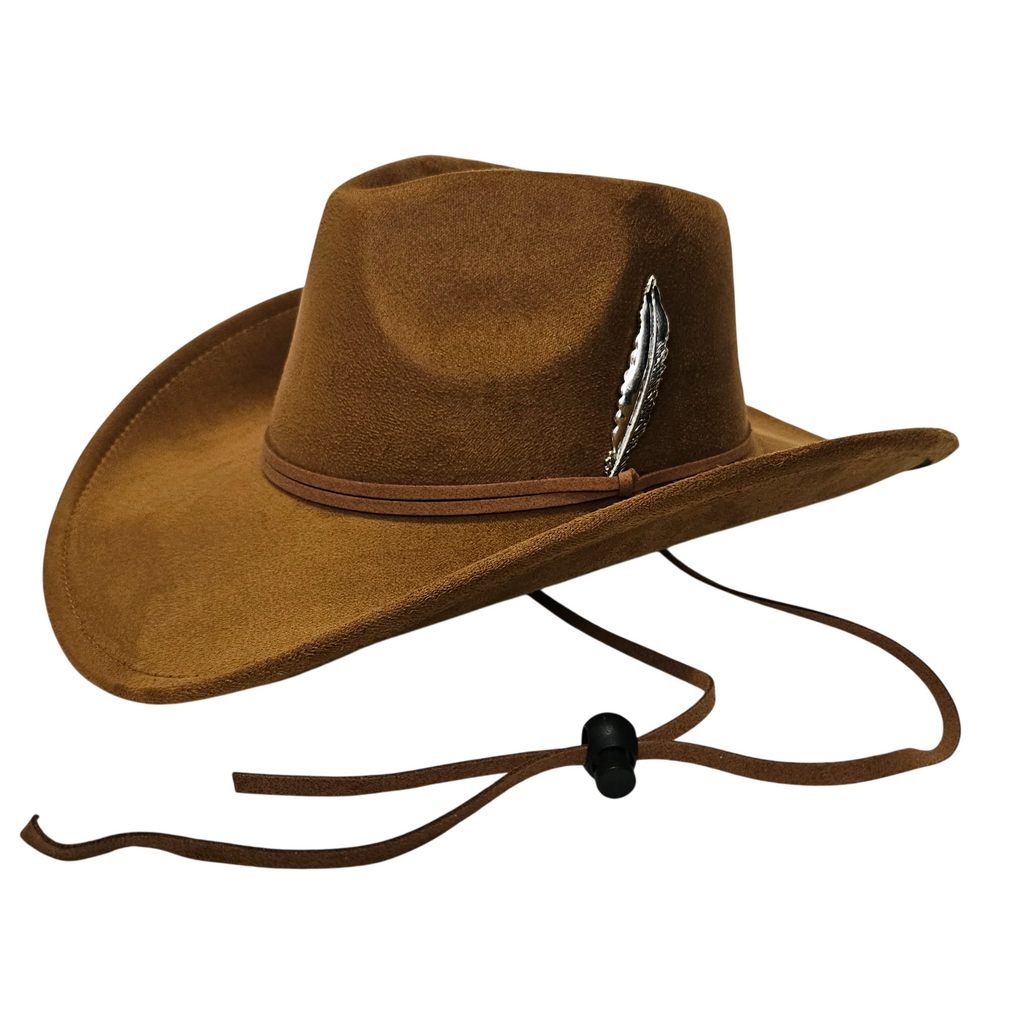Sombrero Cowboy Adulto Hombre y Mujer - Sombrero Vaquero Ajustable (56-59cm) Gamuza Sintética Premium | Alternativa Resistente a Sombreros de Paja y Papel Trenzado - Ala Ancha 9.5cm, Estilo Western con Pluma de Plata Detalle Decorativo