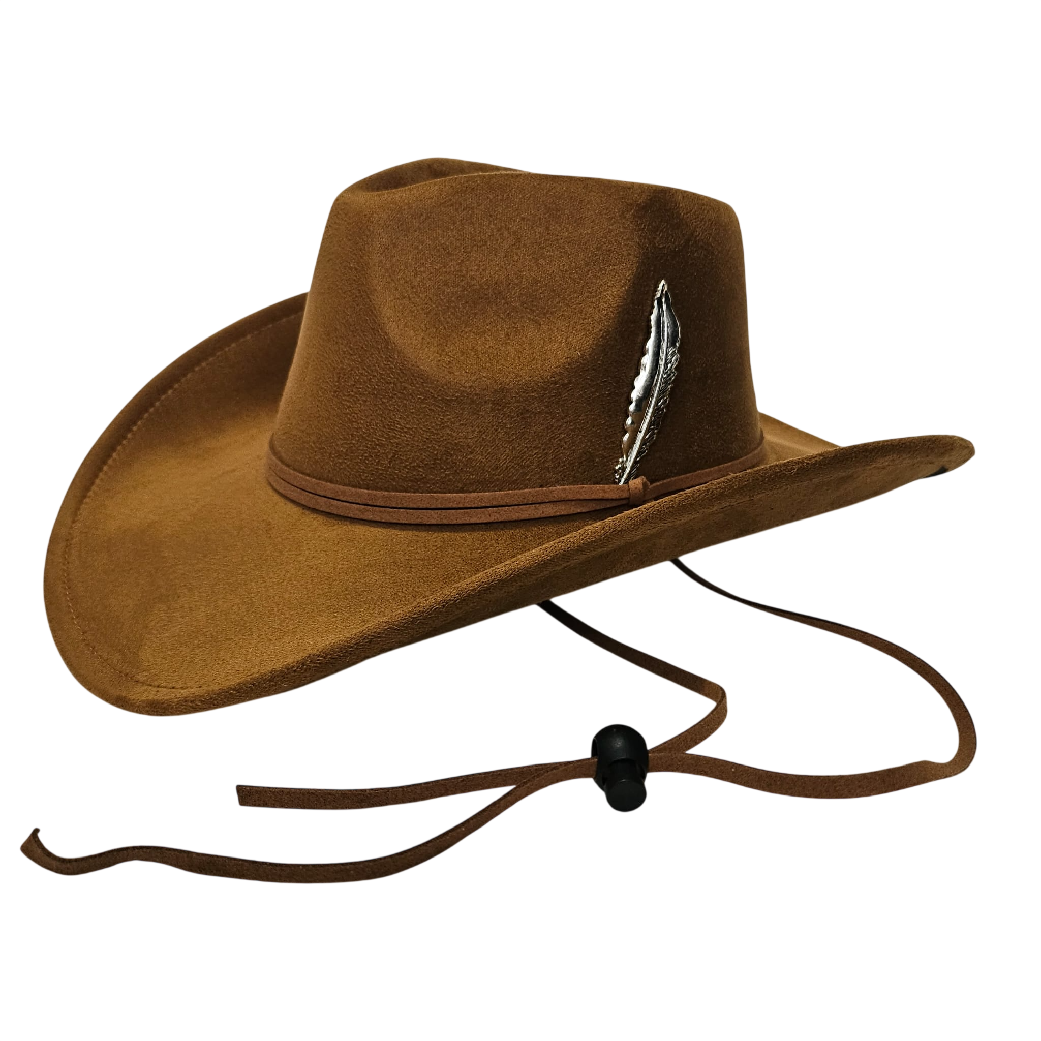 Sombrero Cowboy Adulto Hombre y Mujer - Sombrero Vaquero Ajustable (56-59cm) Gamuza Sintética Premium | Alternativa Resistente a Sombreros de Paja y Papel Trenzado - Ala Ancha 9.5cm, Estilo Western con Pluma de Plata Detalle Decorativo