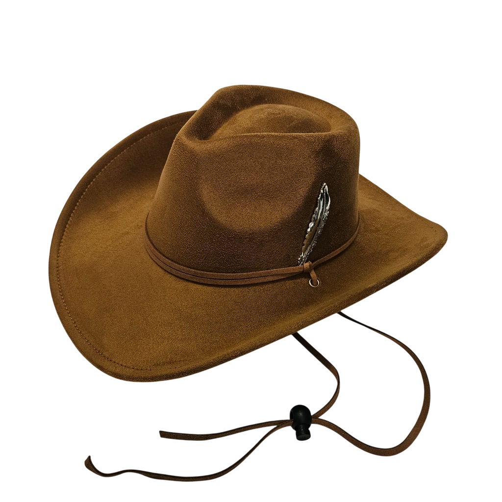 Sombrero Cowboy Adulto Hombre y Mujer - Sombrero Vaquero Ajustable (56-59cm) Gamuza Sintética Premium | Alternativa Resistente a Sombreros de Paja y Papel Trenzado - Ala Ancha 9.5cm, Estilo Western con Pluma de Plata Detalle Decorativo