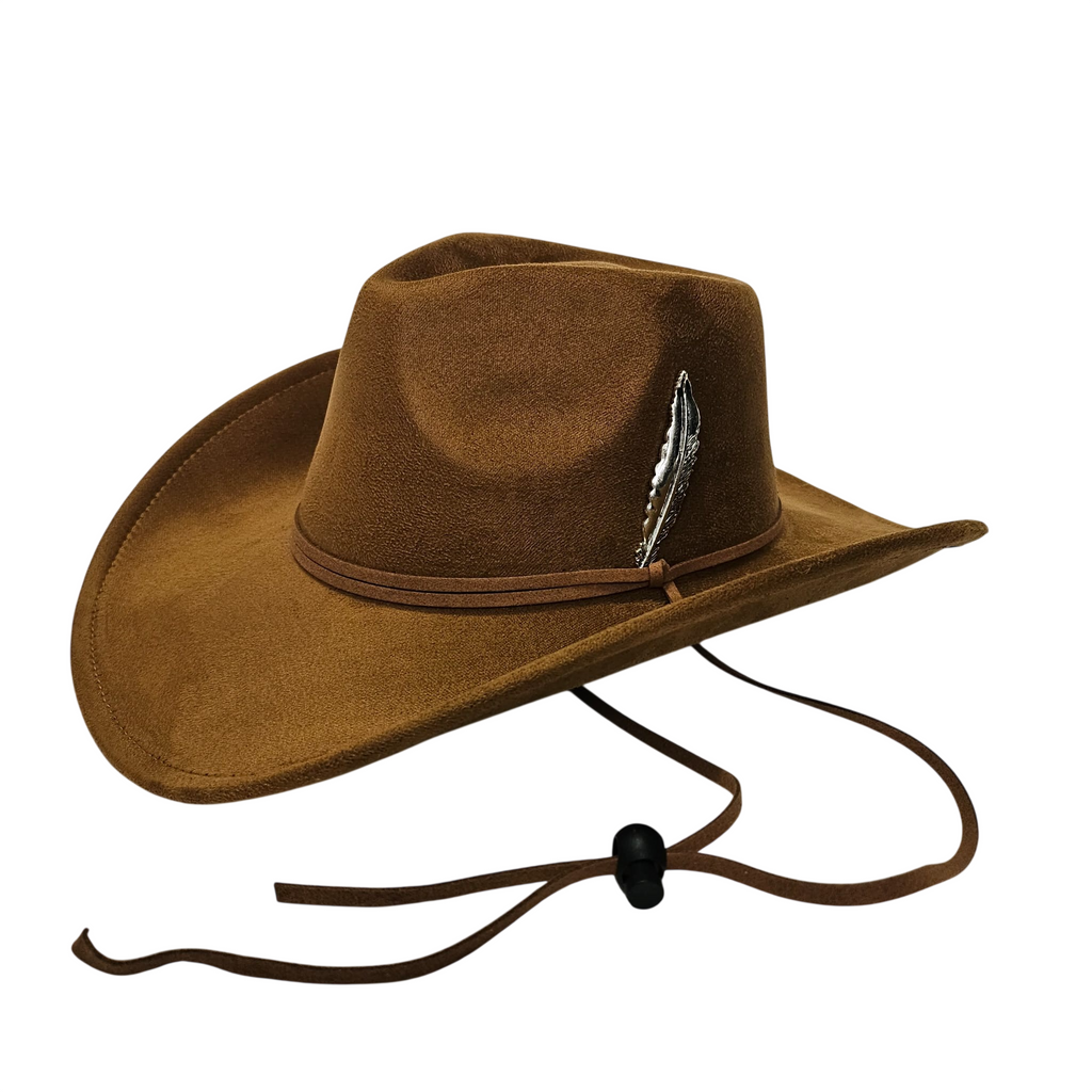 Sombrero Cowboy Adulto Hombre y Mujer - Sombrero Vaquero Ajustable (56-59cm) Gamuza Sintética Premium | Alternativa Resistente a Sombreros de Paja y Papel Trenzado - Ala Ancha 9.5cm, Estilo Western con Pluma de Plata Detalle Decorativo