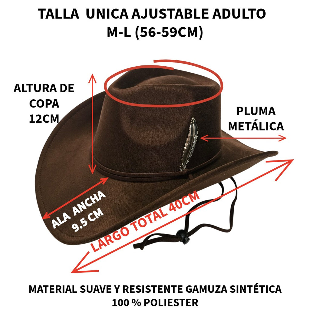 Sombrero Cowboy Marrón Oscuro Adulto Hombre y Mujer - Sombrero Vaquero Ajustable (56-59cm) Gamuza Sintética | Alternativa Resistente a Sombreros de Paja y Papel Trenzado - Ala Ancha 9.5cm, Estilo Western Festival con Pluma Metálica