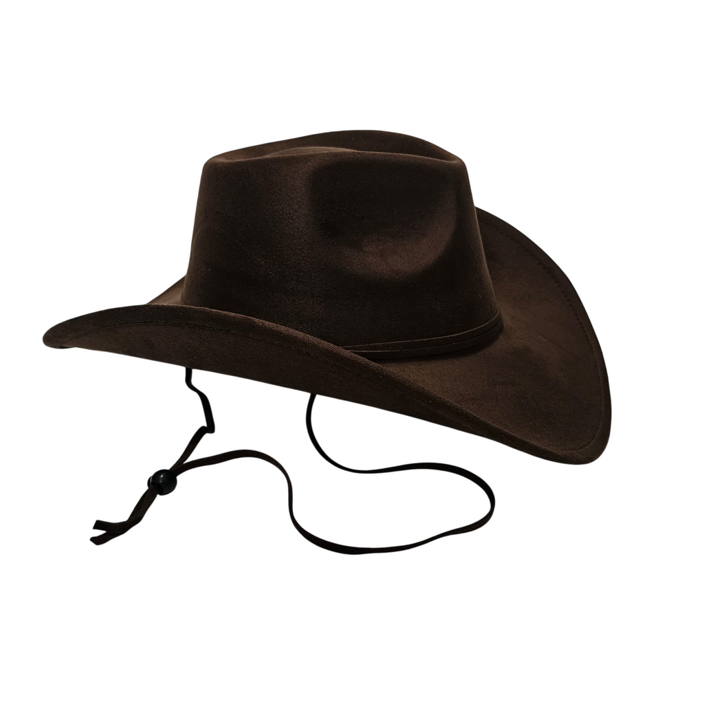 Sombrero Cowboy Marrón Oscuro Adulto Hombre y Mujer - Sombrero Vaquero Ajustable (56-59cm) Gamuza Sintética | Alternativa Resistente a Sombreros de Paja y Papel Trenzado - Ala Ancha 9.5cm, Estilo Western Festival con Pluma Metálica