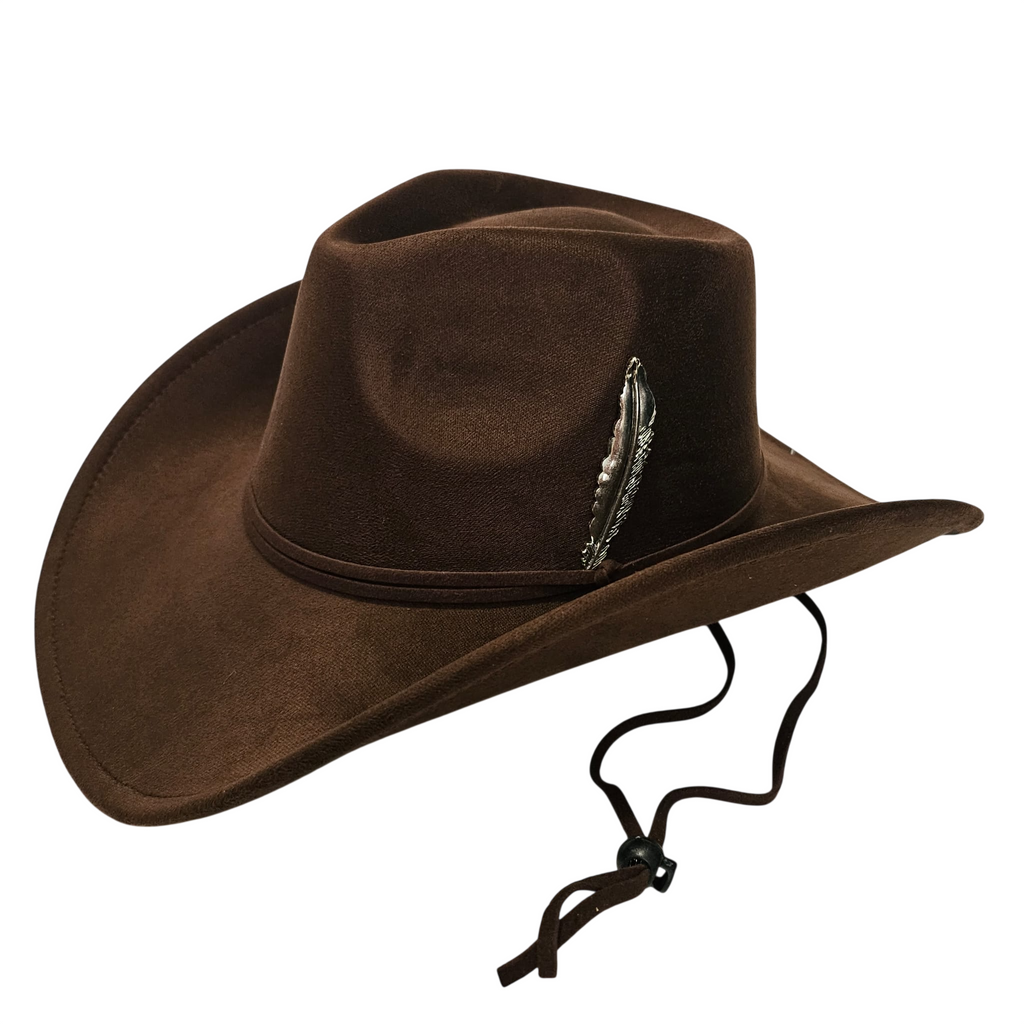Sombrero Cowboy Marrón Oscuro Adulto Hombre y Mujer - Sombrero Vaquero Ajustable (56-59cm) Gamuza Sintética | Alternativa Resistente a Sombreros de Paja y Papel Trenzado - Ala Ancha 9.5cm, Estilo Western Festival con Pluma Metálica