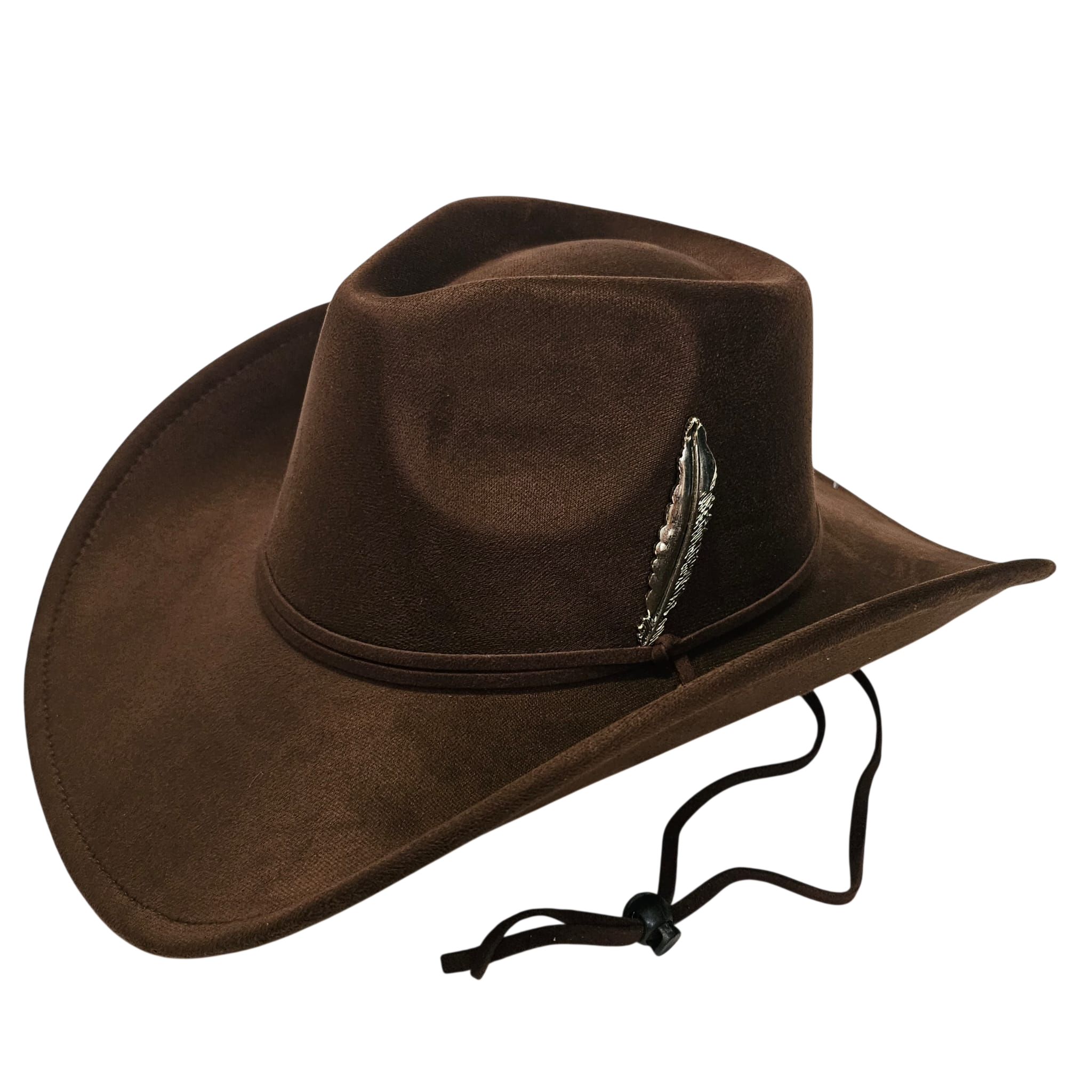Sombrero Cowboy Marrón Oscuro Adulto Hombre y Mujer - Sombrero Vaquero Ajustable (56-59cm) Gamuza Sintética | Alternativa Resistente a Sombreros de Paja y Papel Trenzado - Ala Ancha 9.5cm, Estilo Western Festival con Pluma Metálica
