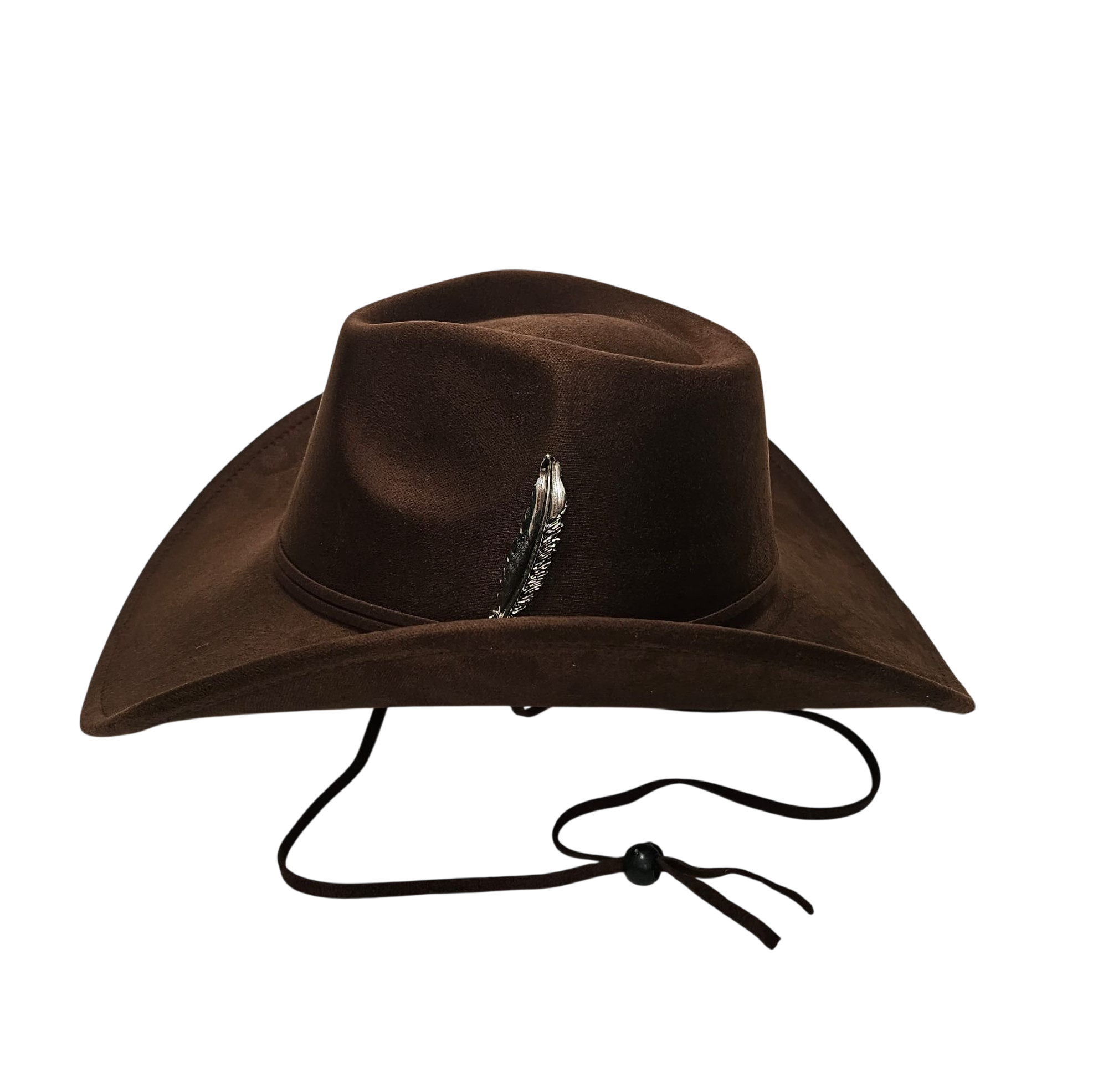 Sombrero Cowboy Marrón Oscuro Adulto Hombre y Mujer - Sombrero Vaquero Ajustable (56-59cm) Gamuza Sintética | Alternativa Resistente a Sombreros de Paja y Papel Trenzado - Ala Ancha 9.5cm, Estilo Western Festival con Pluma Metálica