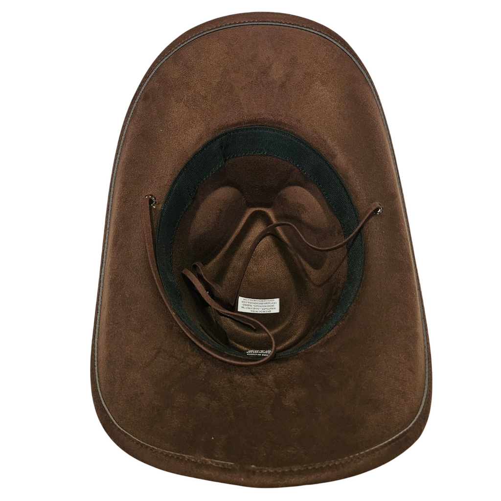 Sombrero Cowboy Marrón Oscuro Adulto Hombre y Mujer - Sombrero Vaquero Ajustable (56-59cm) Gamuza Sintética | Alternativa Resistente a Sombreros de Paja y Papel Trenzado - Ala Ancha 9.5cm, Estilo Western Festival con Pluma Metálica