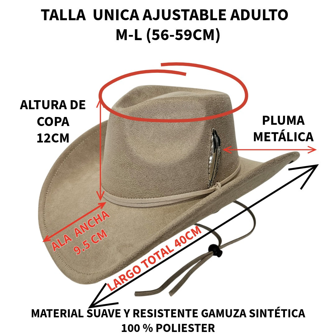 Sombrero Cowboy Crema Adulto Hombre y Mujer - Sombrero Vaquero Ajustable (56-59cm) Gamuza Sintética Beige | Alternativa Resistente a Sombreros de Paja y Papel Trenzado - Ala Ancha 9.5cm, Estilo Western con Detalle de Pluma Metálica
