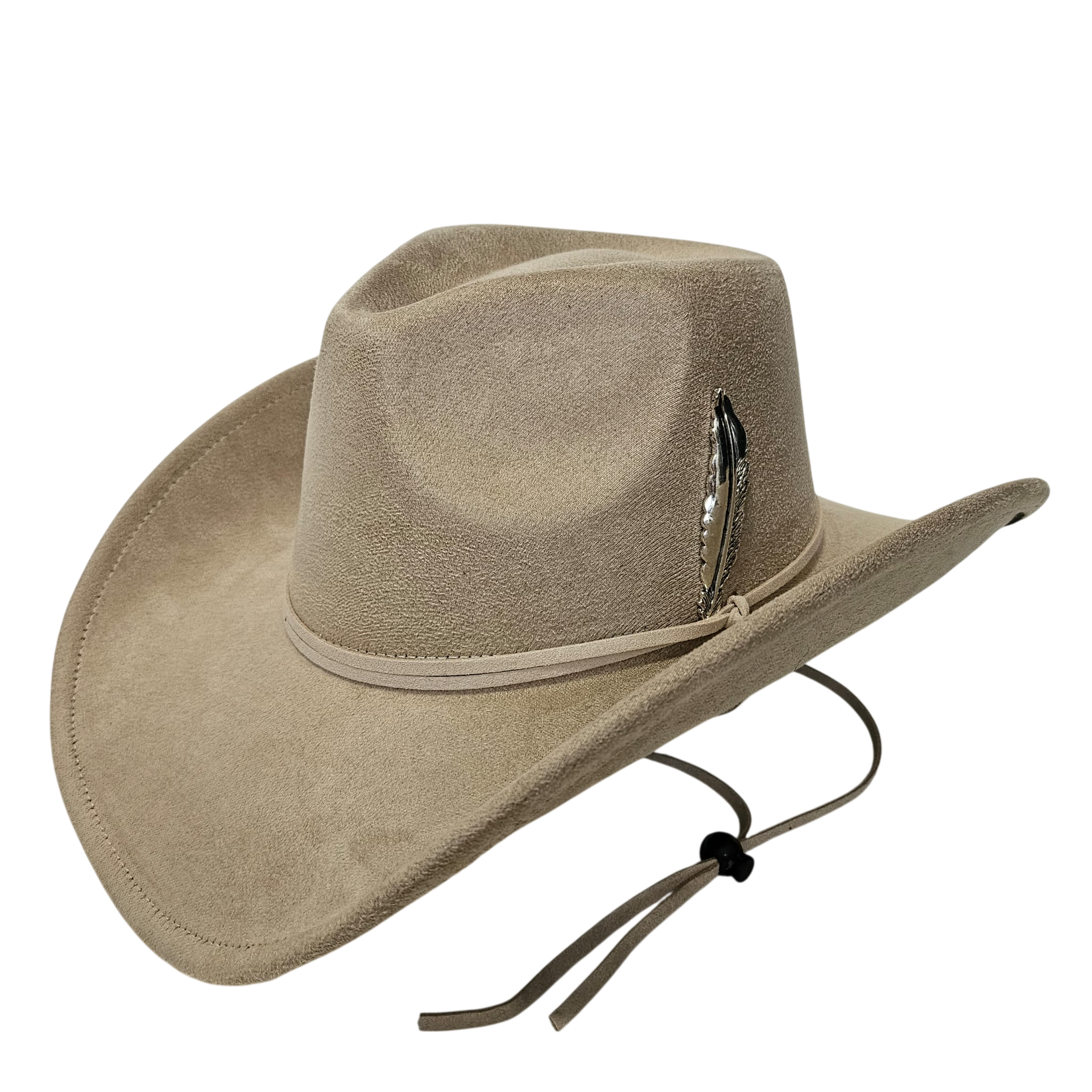 Sombrero Cowboy Crema Adulto Hombre y Mujer - Sombrero Vaquero Ajustable (56-59cm) Gamuza Sintética Beige | Alternativa Resistente a Sombreros de Paja y Papel Trenzado - Ala Ancha 9.5cm, Estilo Western con Detalle de Pluma Metálica
