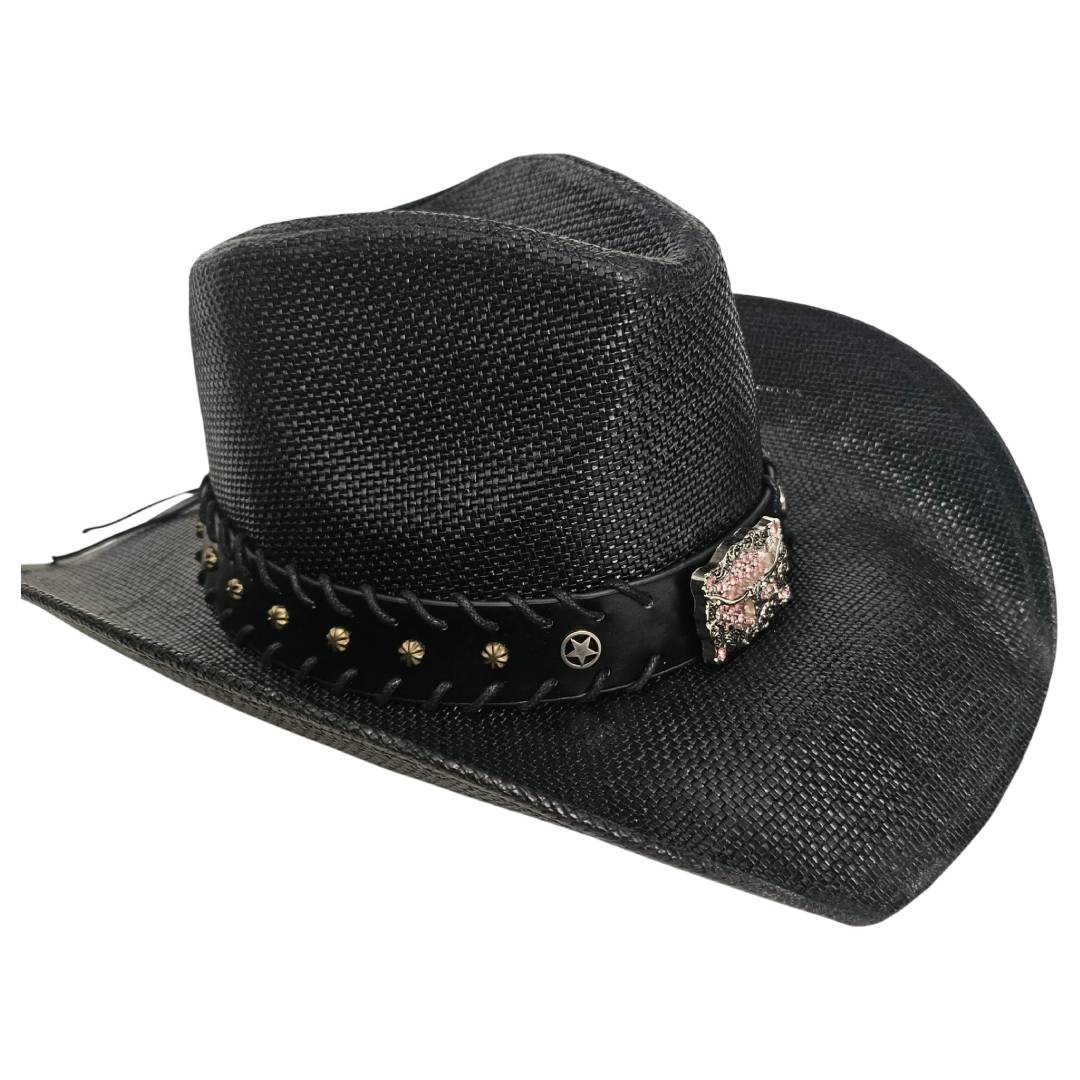 Sombrero Vaquero Western Cowboy Negro – Paja Trenzada con Hebilla de Toro de Lujo (58-60cm)