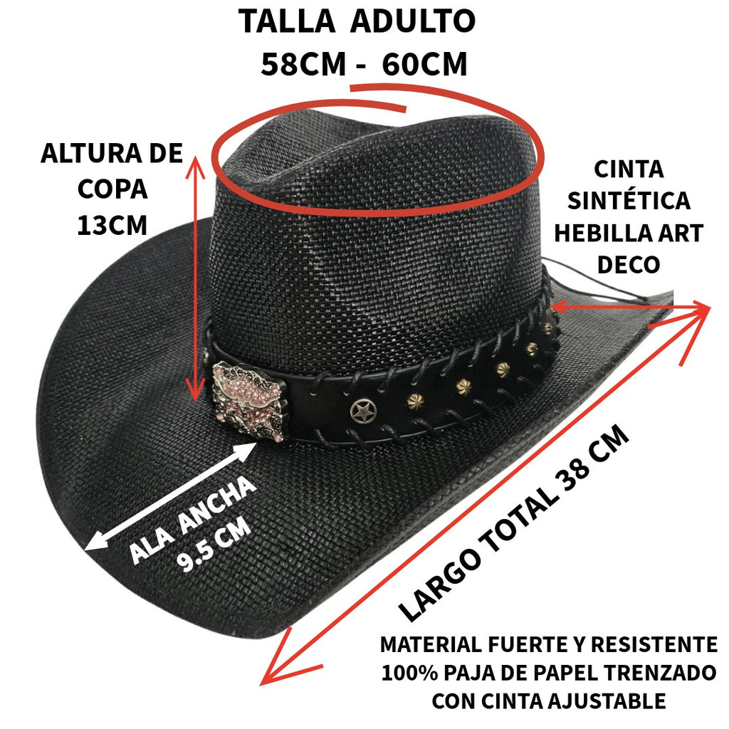 Sombrero Vaquero Western Cowboy Negro – Paja Trenzada con Hebilla de Toro de Lujo (58-60cm)