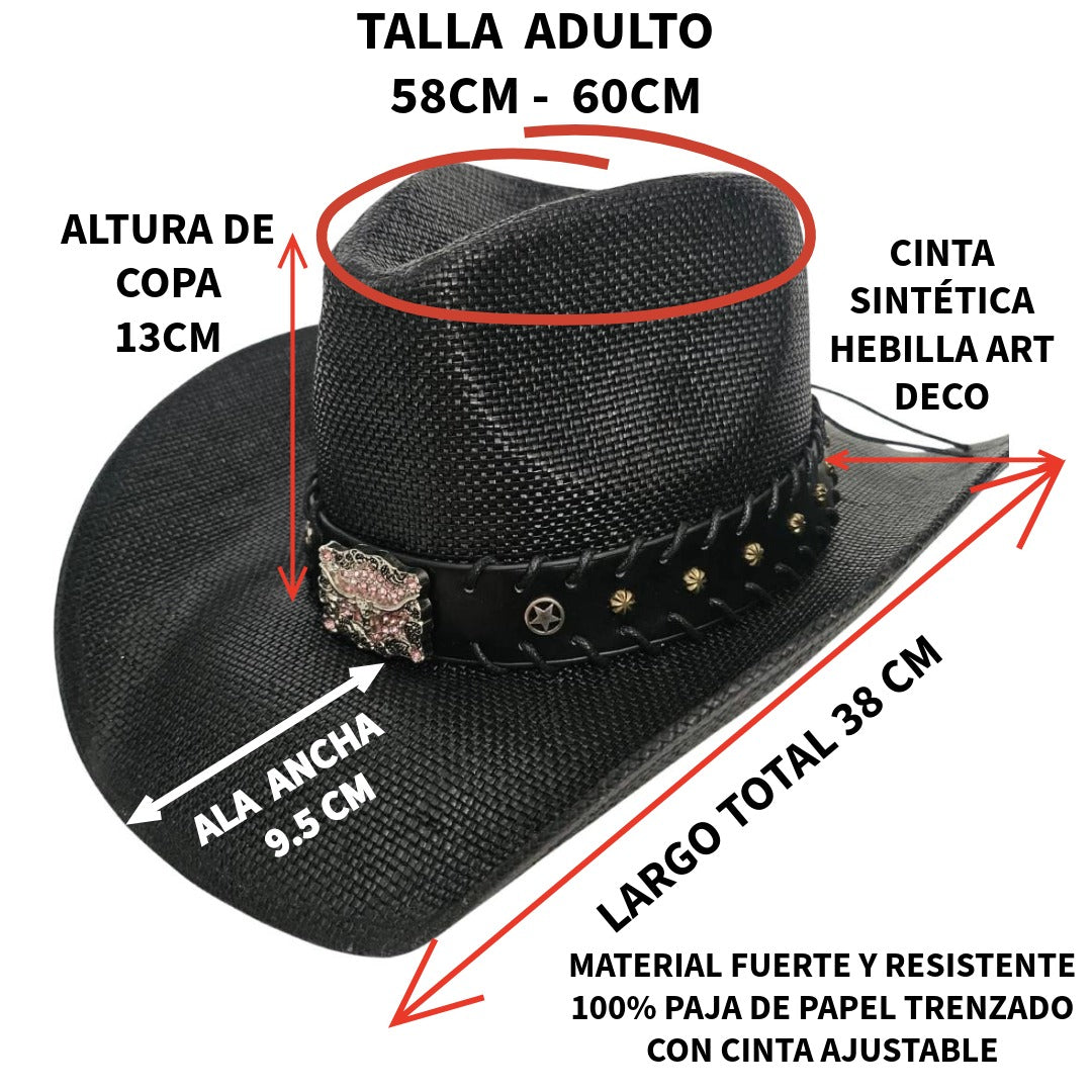 Sombrero Vaquero Western Cowboy Negro – Paja Trenzada con Hebilla de Toro de Lujo (58-60cm)