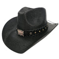 Sombrero Vaquero Western Cowboy Negro – Paja Trenzada con Hebilla de Toro de Lujo (58-60cm)