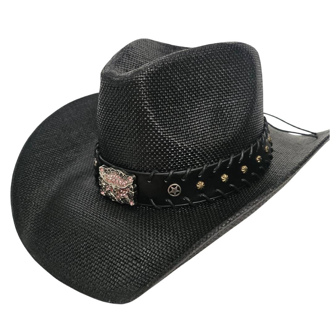 Sombrero Vaquero Western Cowboy Negro – Paja Trenzada con Hebilla de Toro de Lujo (58-60cm)