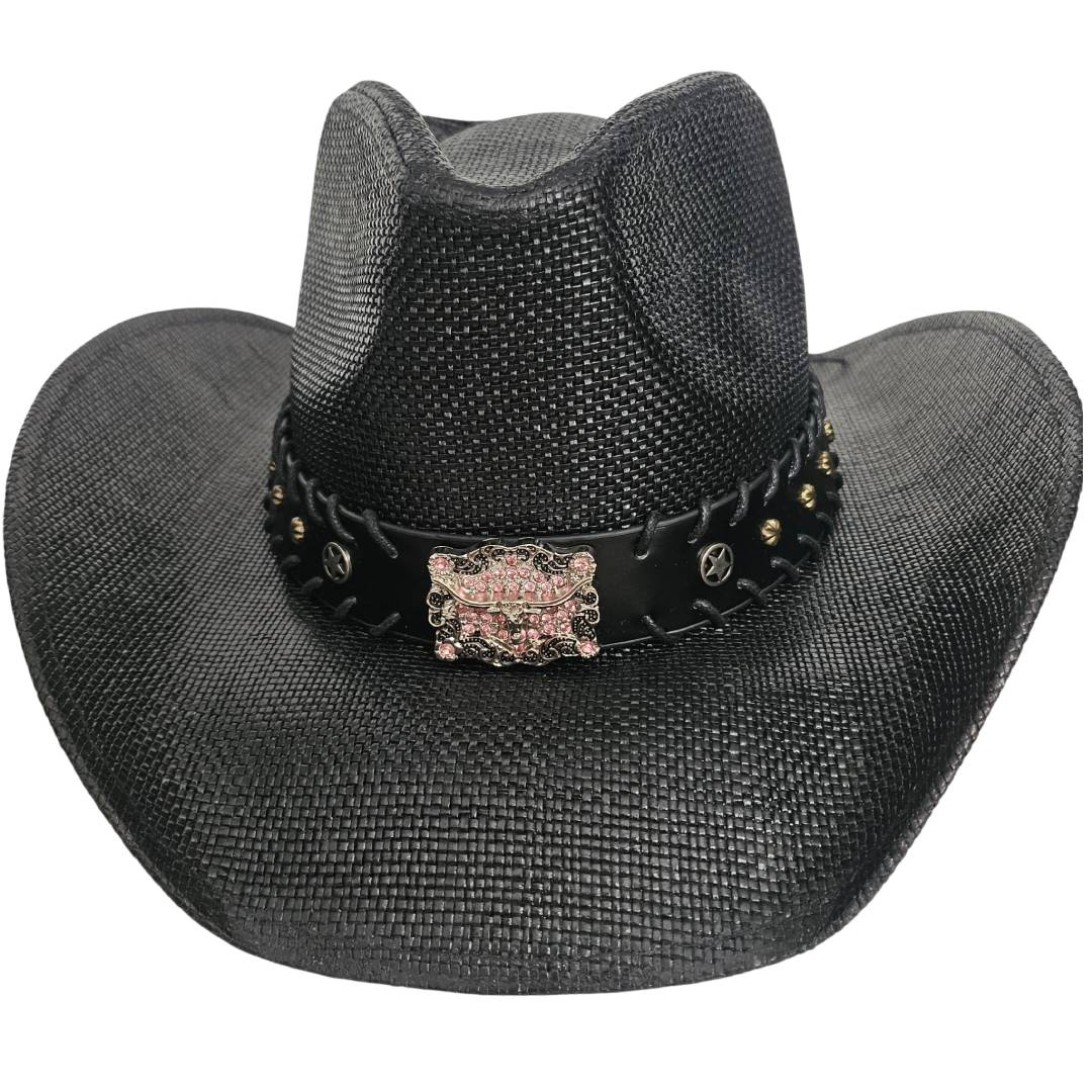 Sombrero Vaquero Western Cowboy Negro – Paja Trenzada con Hebilla de Toro de Lujo (58-60cm)