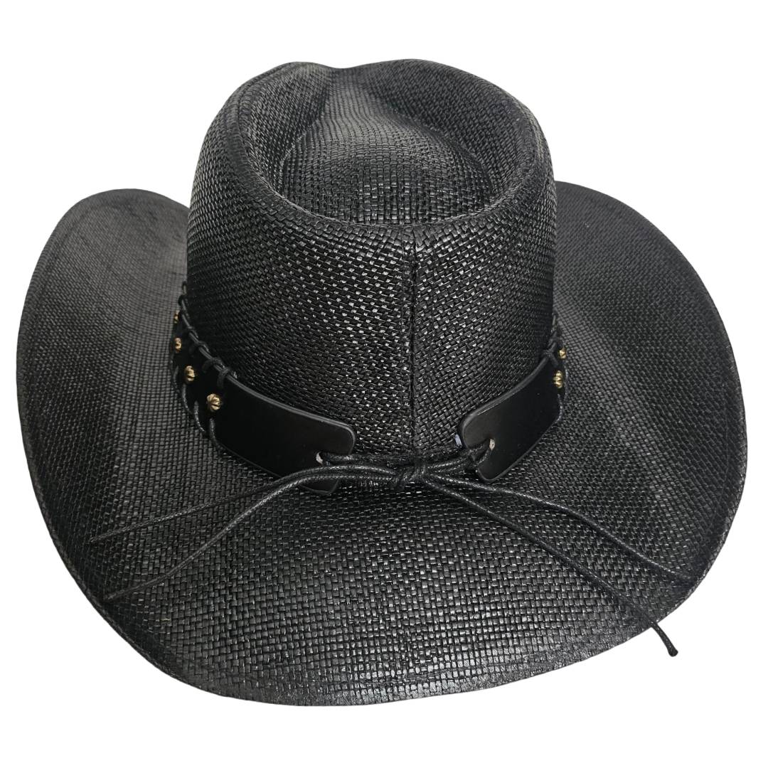 Sombrero Vaquero Western Cowboy Negro – Paja Trenzada con Hebilla de Toro de Lujo (58-60cm)