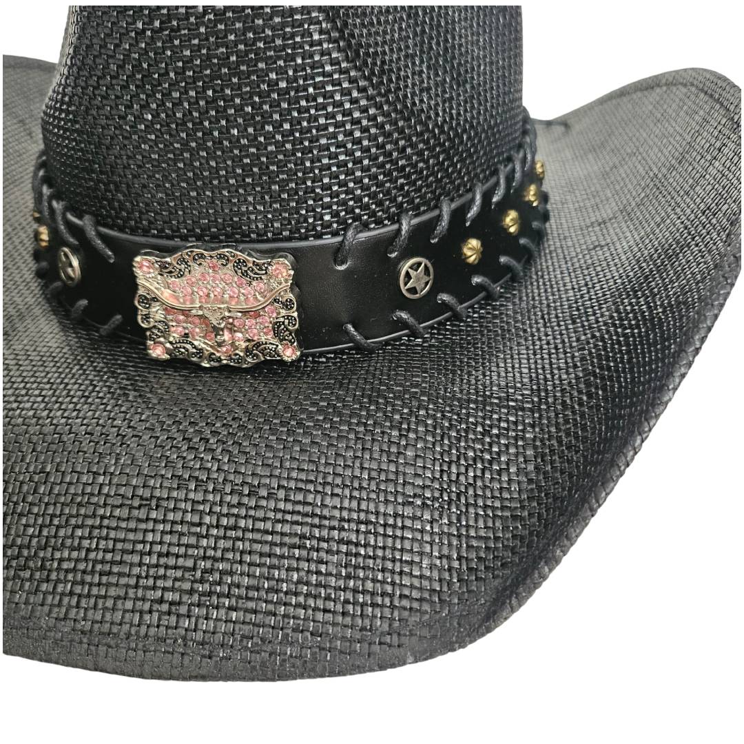 Sombrero Vaquero Western Cowboy Negro – Paja Trenzada con Hebilla de Toro de Lujo (58-60cm)