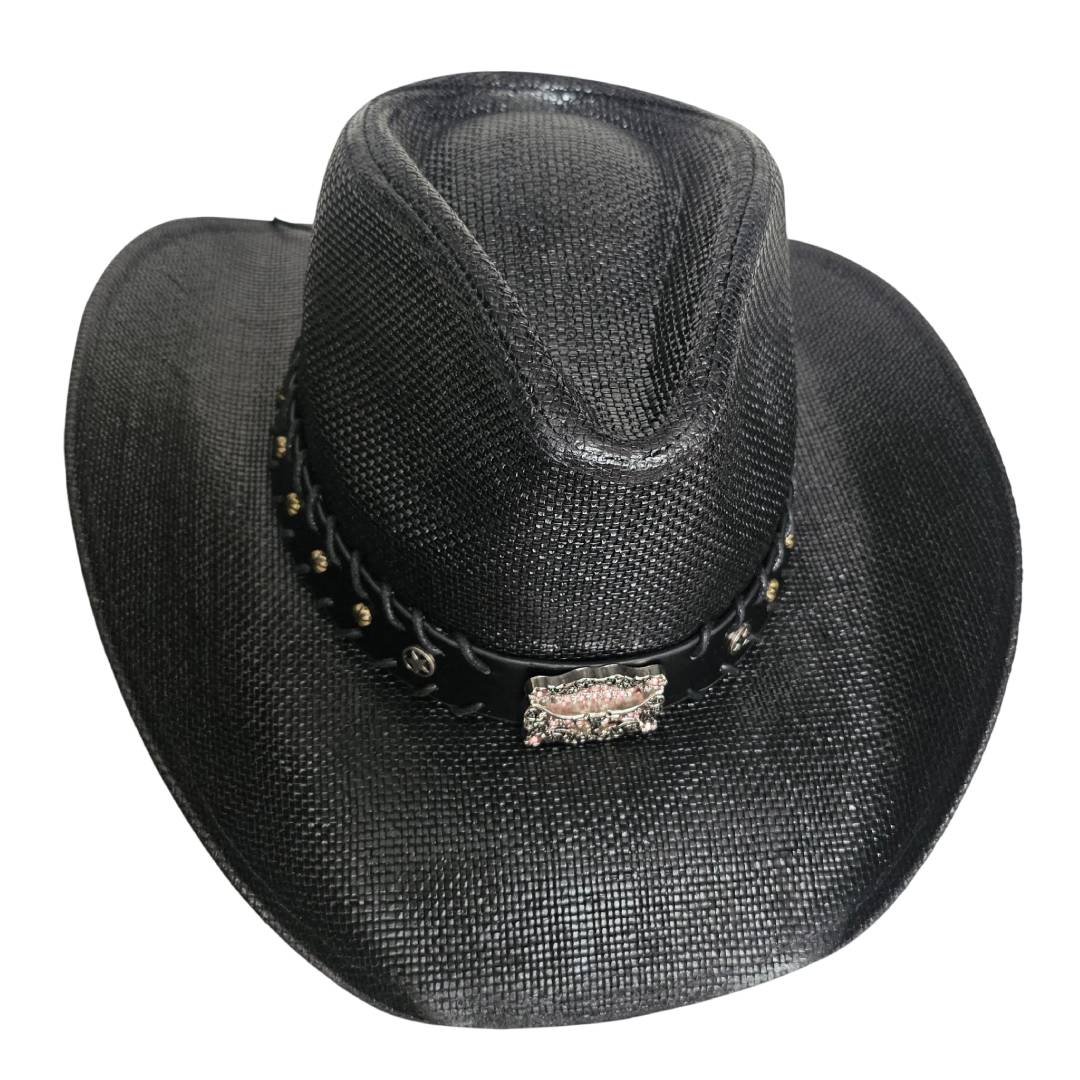 Sombrero Vaquero Western Cowboy Negro – Paja Trenzada con Hebilla de Toro de Lujo (58-60cm)