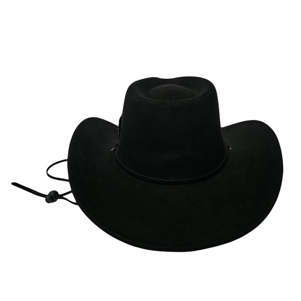 Sombrero Cowboy Negro Adulto Hombre y Mujer - Sombrero Vaquero Ajustable (56-59cm) Gamuza Sintética | Alternativa Resistente a Sombreros de Paja y Papel Trenzado - Ala Ancha 9.5cm, Estilo Western con Pluma Metálica Plata