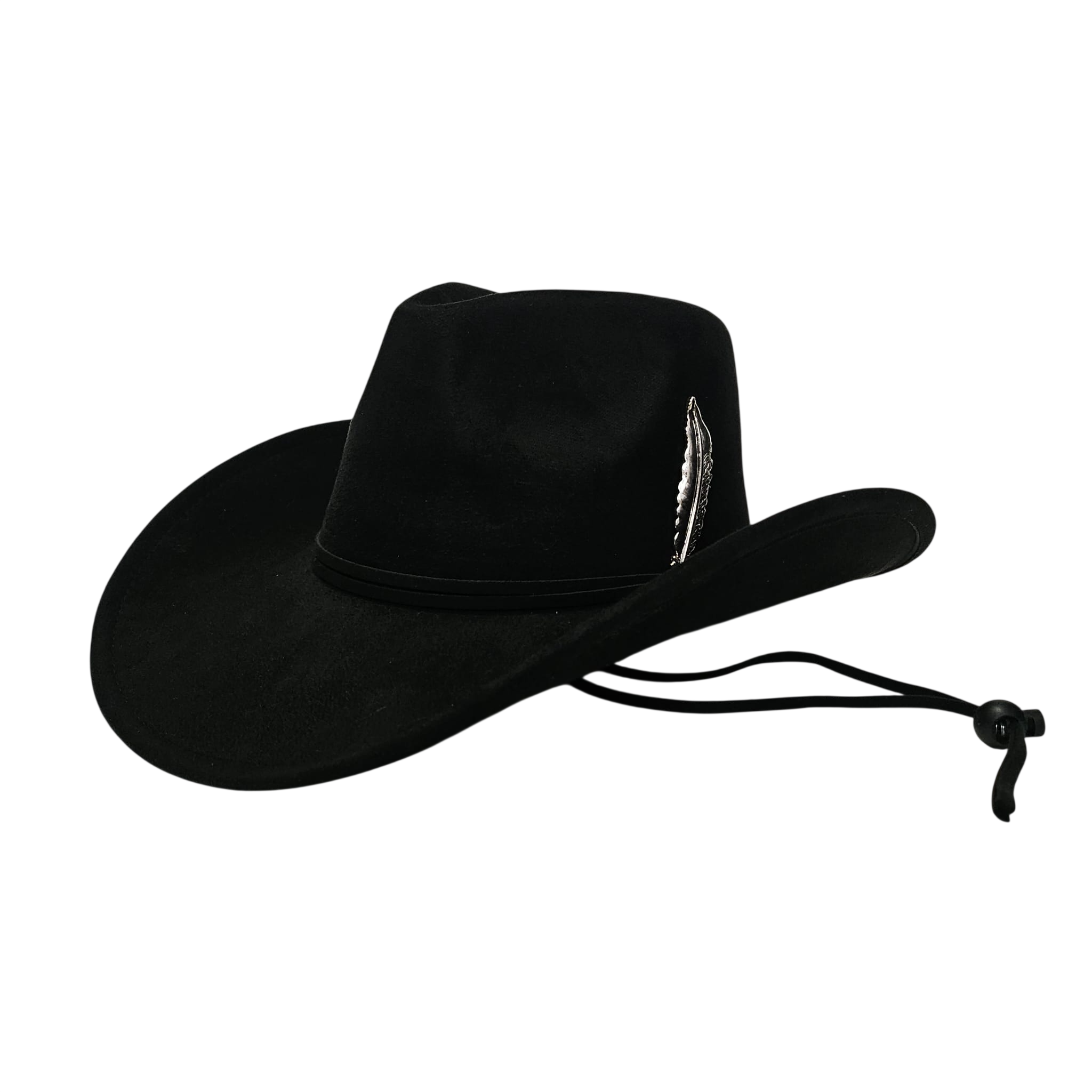 Sombrero Cowboy Negro Adulto Hombre y Mujer - Sombrero Vaquero Ajustable (56-59cm) Gamuza Sintética | Alternativa Resistente a Sombreros de Paja y Papel Trenzado - Ala Ancha 9.5cm, Estilo Western con Pluma Metálica Plata