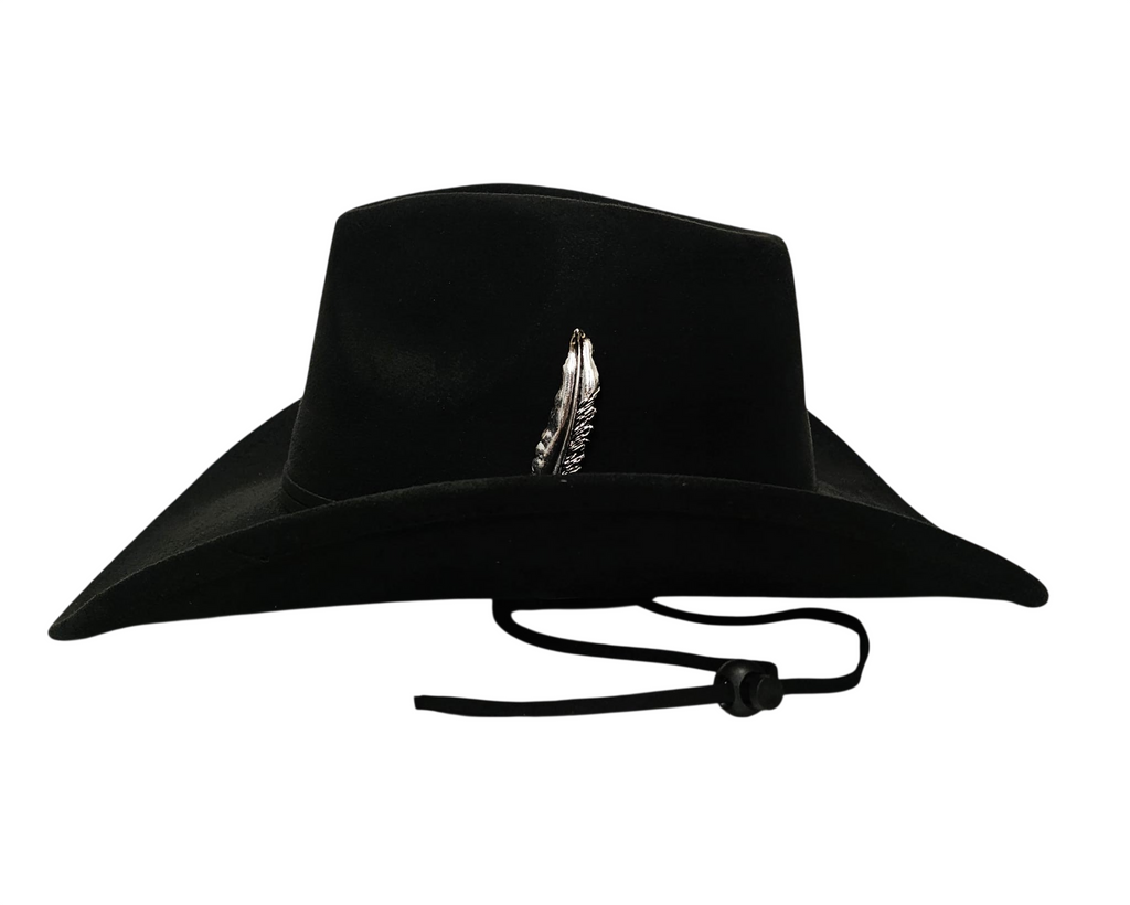 Sombrero Cowboy Negro Adulto Hombre y Mujer - Sombrero Vaquero Ajustable (56-59cm) Gamuza Sintética | Alternativa Resistente a Sombreros de Paja y Papel Trenzado - Ala Ancha 9.5cm, Estilo Western con Pluma Metálica Plata