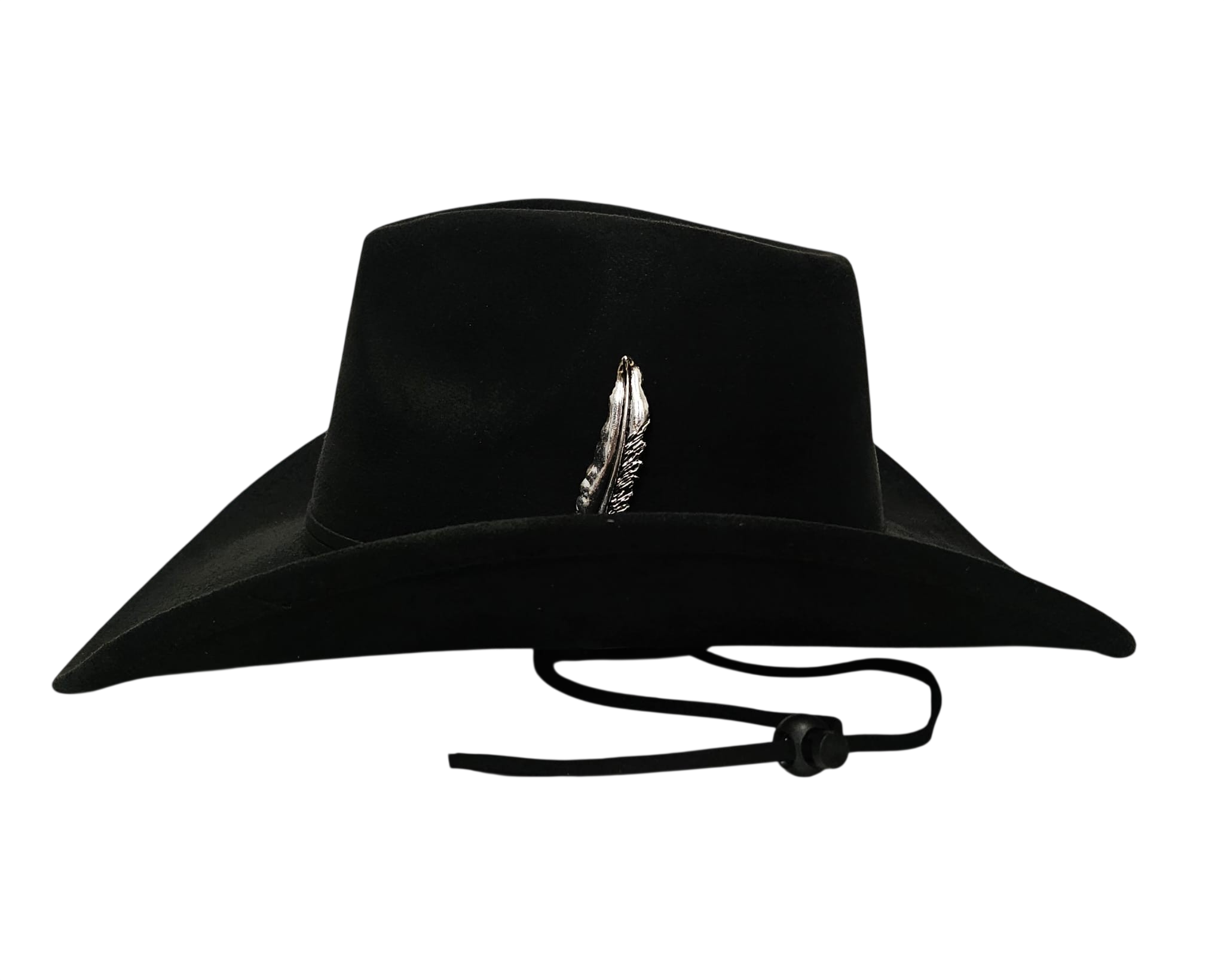 Sombrero Cowboy Negro Adulto Hombre y Mujer - Sombrero Vaquero Ajustable (56-59cm) Gamuza Sintética | Alternativa Resistente a Sombreros de Paja y Papel Trenzado - Ala Ancha 9.5cm, Estilo Western con Pluma Metálica Plata