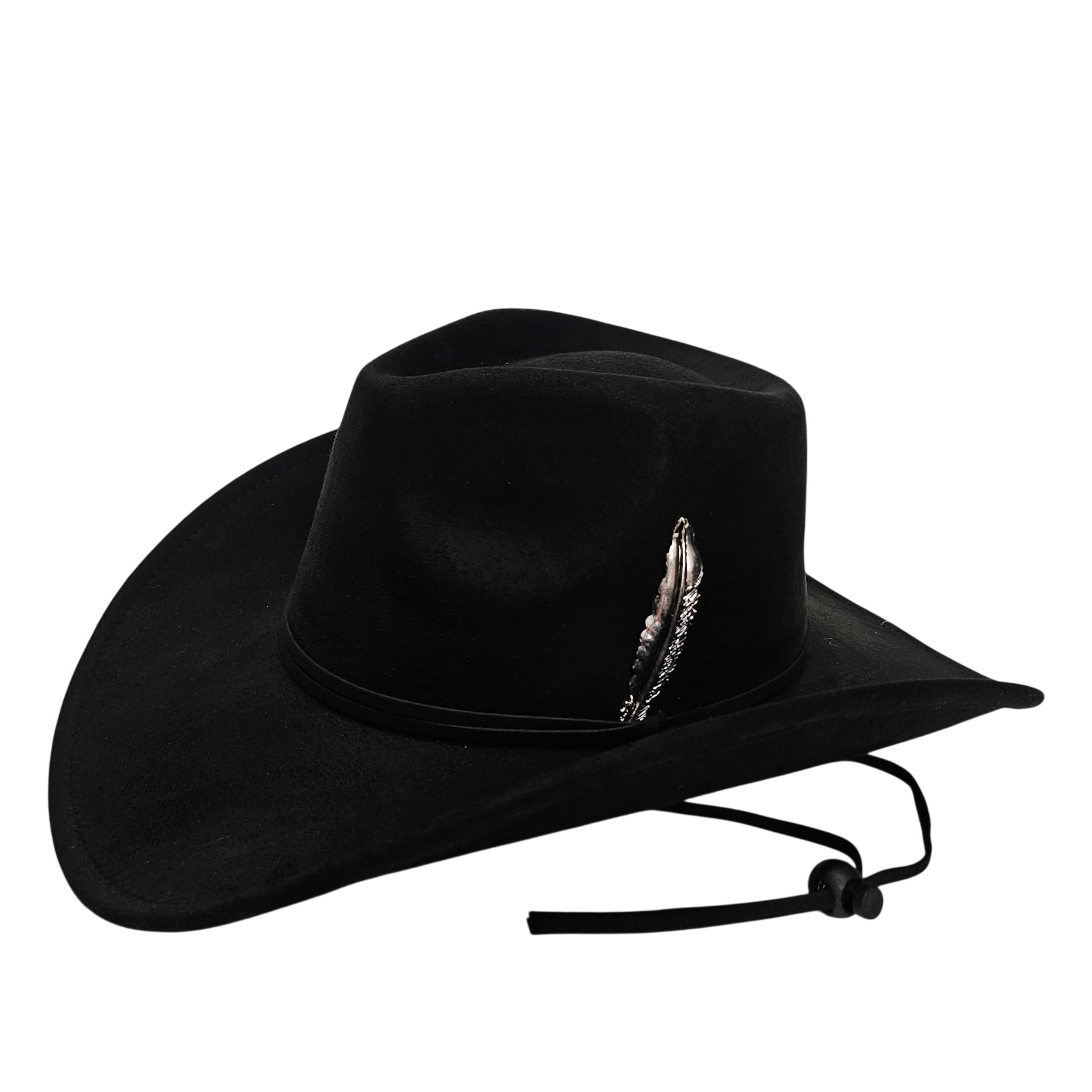Sombrero Cowboy Negro Adulto Hombre y Mujer - Sombrero Vaquero Ajustable (56-59cm) Gamuza Sintética | Alternativa Resistente a Sombreros de Paja y Papel Trenzado - Ala Ancha 9.5cm, Estilo Western con Pluma Metálica Plata