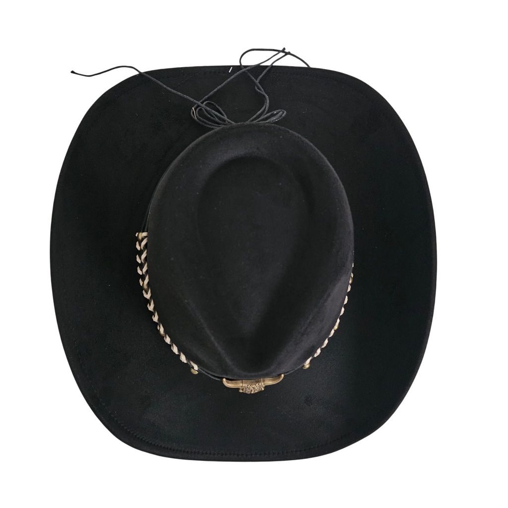 Sombrero Vaquero Estilo Western de Ala Ancha - Cowboy Negro Gamuza Sintética Talla única Ajustable para Adulto