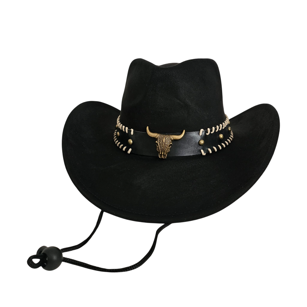 Sombrero Vaquero Estilo Western de Ala Ancha - Cowboy Negro Gamuza Sintética Talla única Ajustable para Adulto