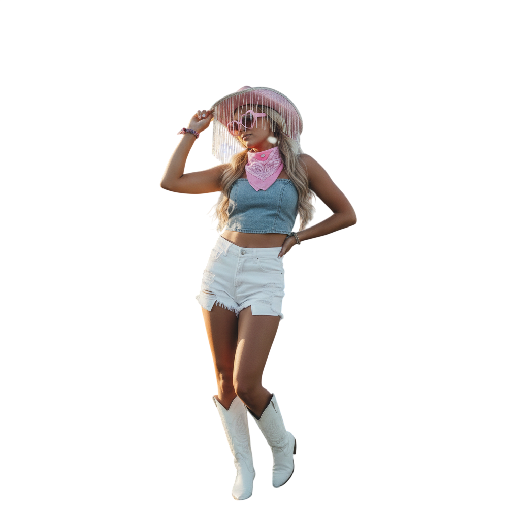 Pack 3 Piezas Disfraz Cowgirl Rosa para Mujer - Sombrero de Vaquera con Brillos y Flecos, Bandana Western y Gafas de Corazón - Set Completo para Carnaval, Festivales, Halloween y Despedidas.
