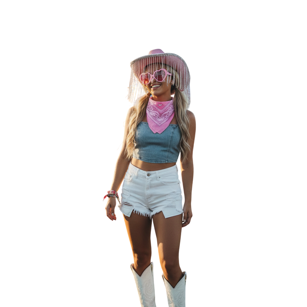 Pack 3 Piezas Disfraz Cowgirl Rosa para Mujer - Sombrero de Vaquera con Brillos y Flecos, Bandana Western y Gafas de Corazón - Set Completo para Carnaval, Festivales, Halloween y Despedidas.