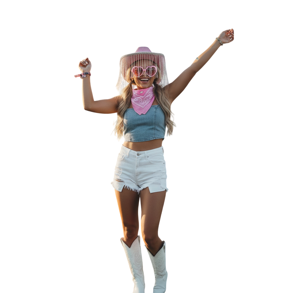 Pack 3 Piezas Disfraz Cowgirl Rosa para Mujer - Sombrero de Vaquera con Brillos y Flecos, Bandana Western y Gafas de Corazón - Set Completo para Carnaval, Festivales, Halloween y Despedidas.