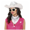 Pack Disfraz Vaquera Blanca Mujer 3 Piezas - Sombrero Cowboy con Tiara y Plumas, Pañuelo Bandana Western y Gafas de Sol UV - Set Completo para Carnaval, Despedidas de Soltera y Fiestas Temáticas - Talla Única.