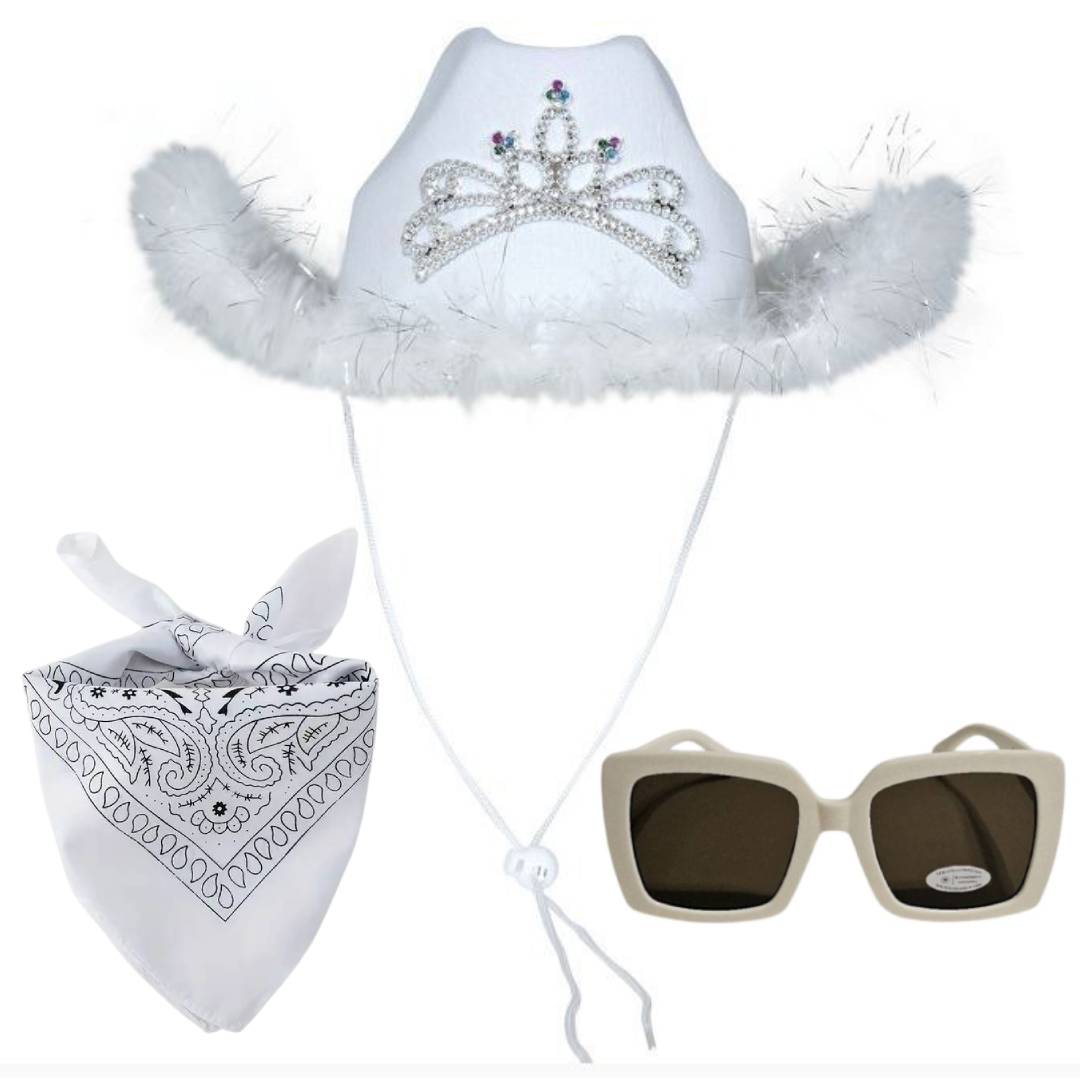 Pack Disfraz Vaquera Blanca Mujer 3 Piezas - Sombrero Cowboy con Tiara y Plumas, Pañuelo Bandana Western y Gafas de Sol UV - Set Completo para Carnaval, Despedidas de Soltera y Fiestas Temáticas - Talla Única.