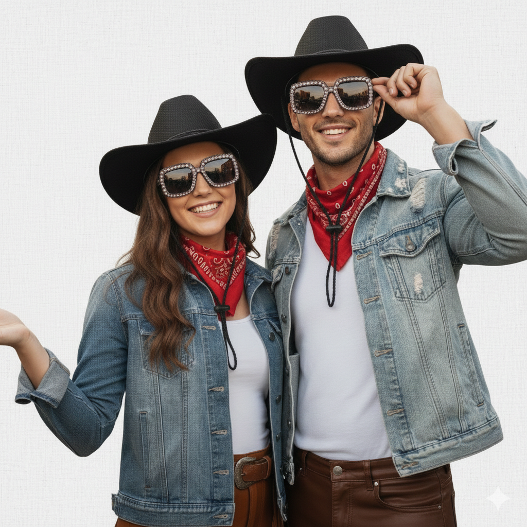 Pack Cowboy Premium Unisex - Sombrero Vaquero Ajustable, Gafas de Sol de Lujo con Cristales y Bandana Western - Set Completo para Festivales, Carnaval, Halloween y Eventos Temáticos - Talla Única Adulto.