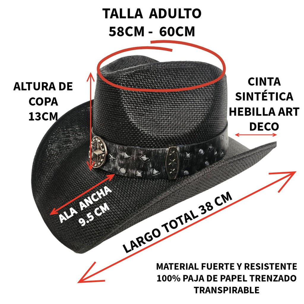Sombrero Cowboy Western Negro Vaquero – Paja Trenzada con Hebilla de Toro de Lujo (58-60cm)