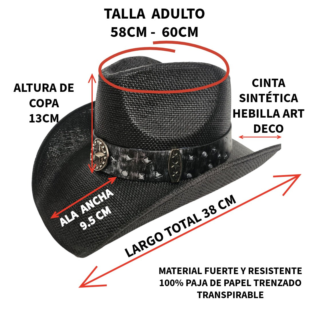 Sombrero Cowboy Western Negro Vaquero – Paja Trenzada con Hebilla de Toro de Lujo (58-60cm)