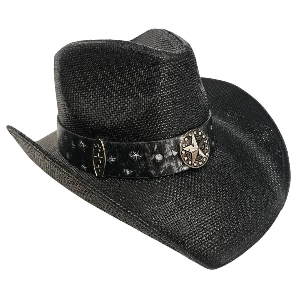 Sombrero Cowboy Western Negro Vaquero – Paja Trenzada con Hebilla de Toro de Lujo (58-60cm)