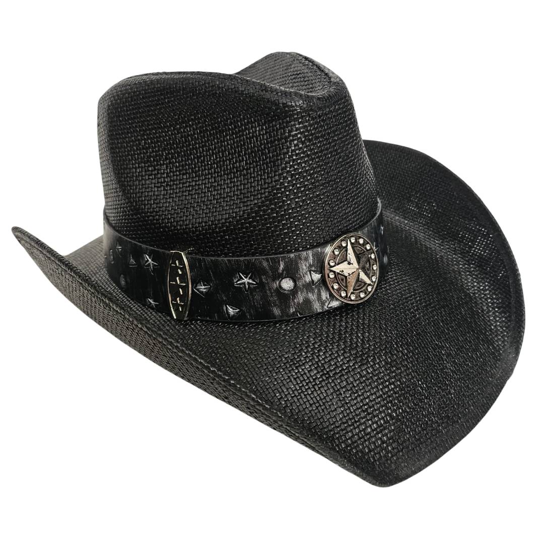 Sombrero Cowboy Western Negro Vaquero – Paja Trenzada con Hebilla de Toro de Lujo (58-60cm)