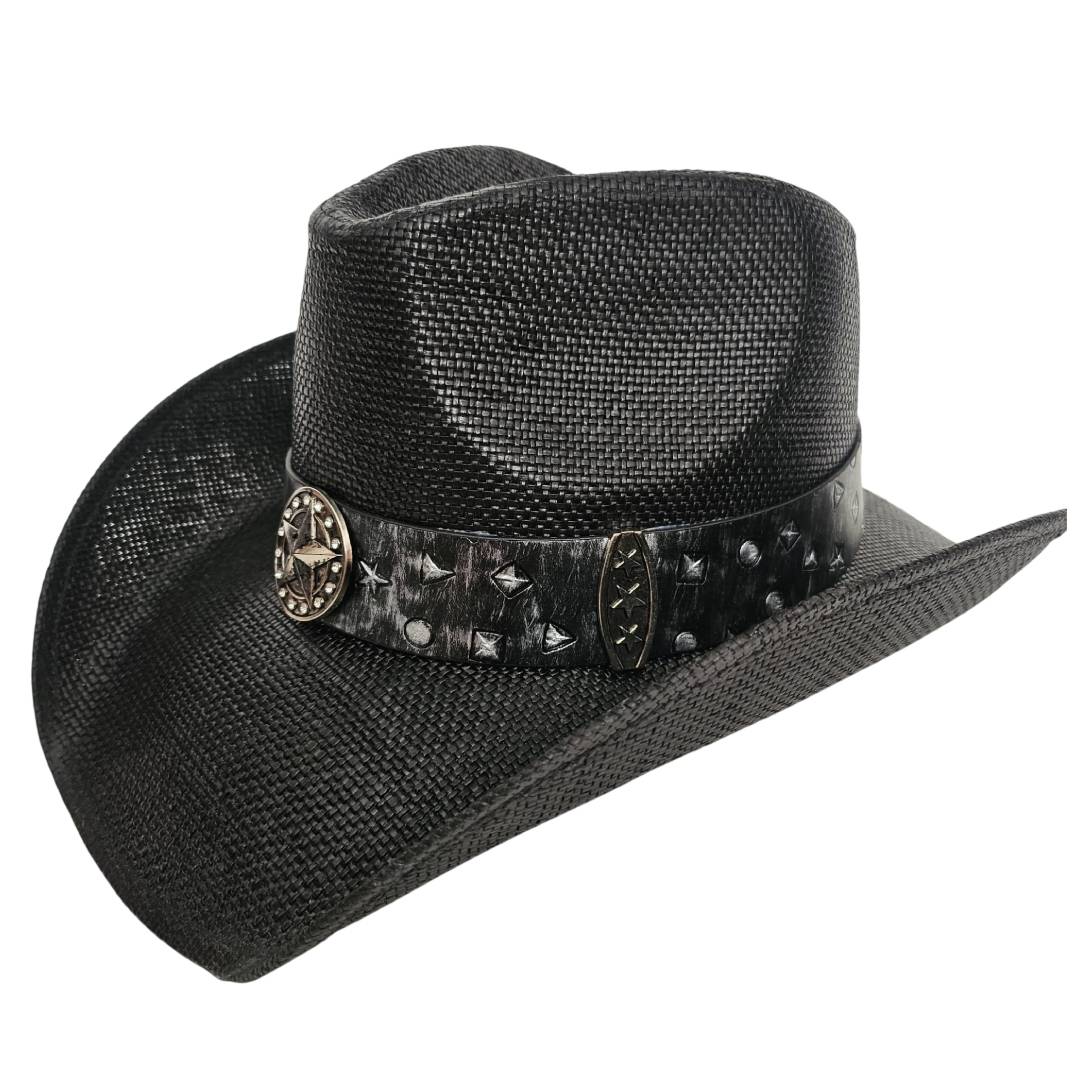Sombrero Cowboy Western Negro Vaquero – Paja Trenzada con Hebilla de Toro de Lujo (58-60cm)