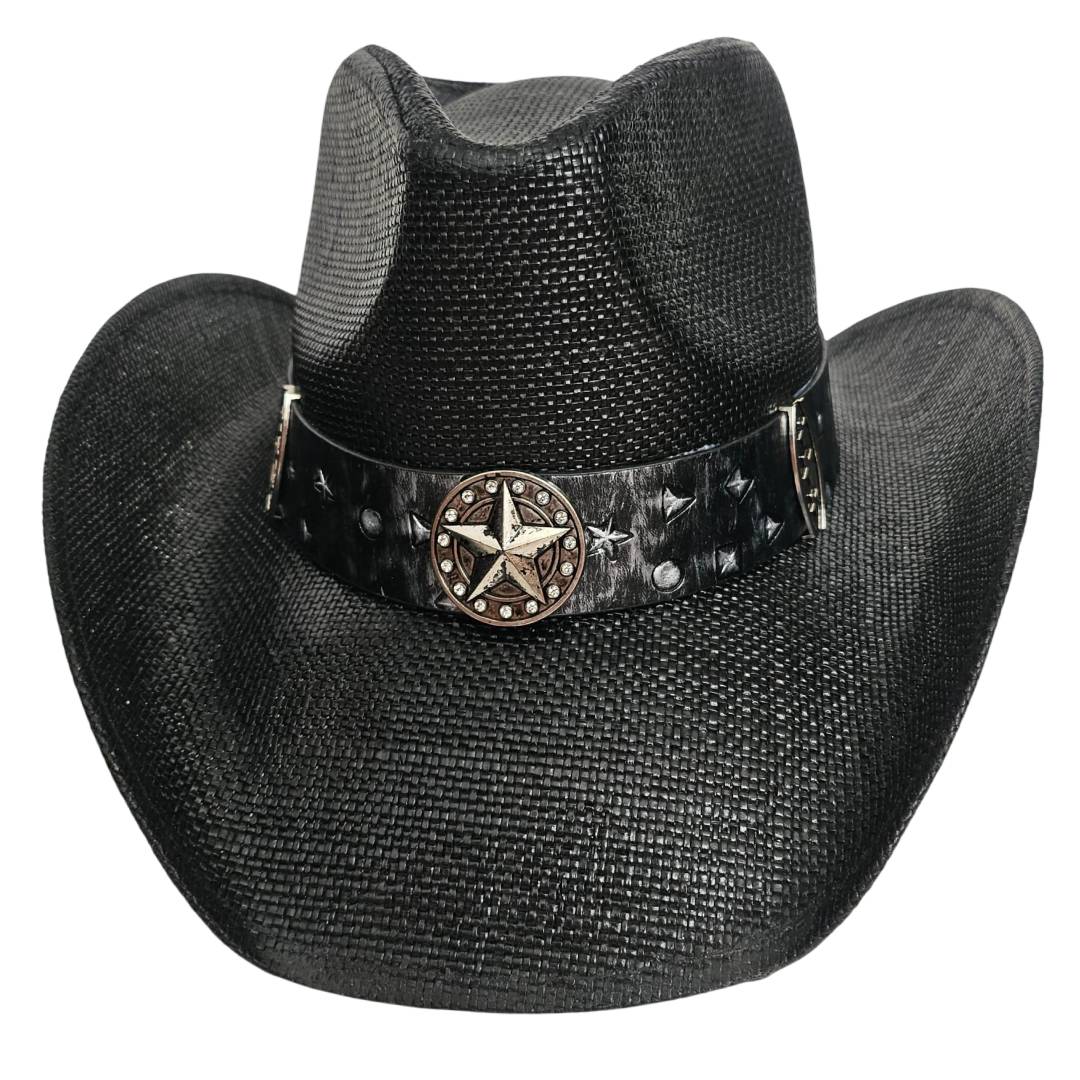 Sombrero Cowboy Western Negro Vaquero – Paja Trenzada con Hebilla de Toro de Lujo (58-60cm)