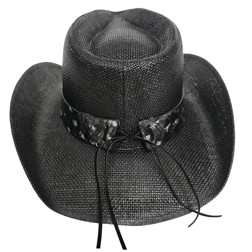 Sombrero Cowboy Western Negro Vaquero – Paja Trenzada con Hebilla de Toro de Lujo (58-60cm)