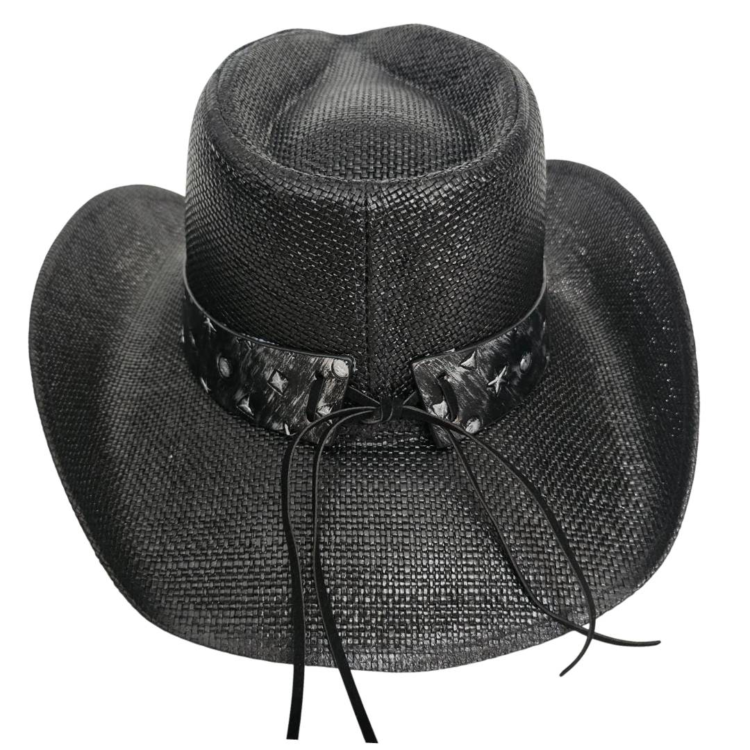 Sombrero Cowboy Western Negro Vaquero – Paja Trenzada con Hebilla de Toro de Lujo (58-60cm)