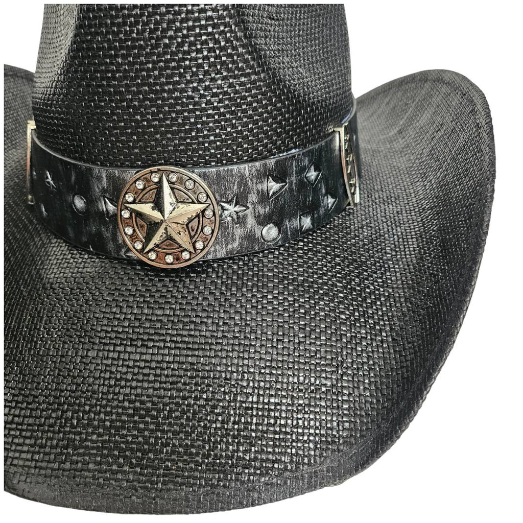 Sombrero Cowboy Western Negro Vaquero – Paja Trenzada con Hebilla de Toro de Lujo (58-60cm)