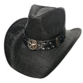 Sombrero Cowboy Western Negro Vaquero – Paja Trenzada con Hebilla de Toro de Lujo (58-60cm)