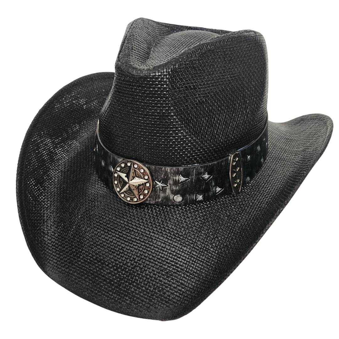 Sombrero Cowboy Western Negro Vaquero – Paja Trenzada con Hebilla de Toro de Lujo (58-60cm)